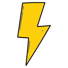 Hand drawn cartoon yellow lightning bolt on white background.