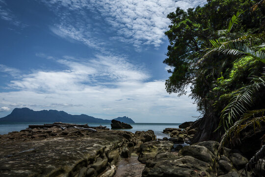 Beautiful landscape with rocky bay, beach and sea in Bako national park, Sarawak, Borneo, Malaysia. 