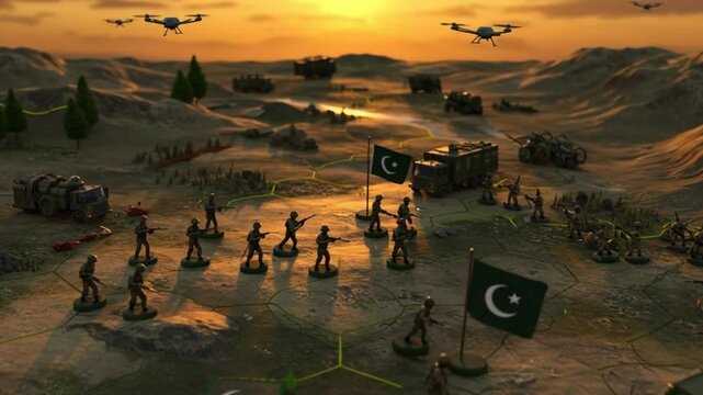 Strategic overview of a simulated pakistan military campaign at sunset landscape