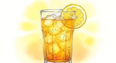 Refreshing Lemon Iced Tea: Bubbles & Ice Cubes in Tall Glass, Adorned with Lemon Slice, Delicate Watercolor on Pale Yellow Background