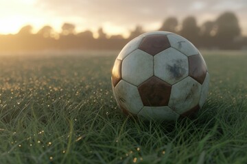 Weathered soccer ball with scuffed leather in dewy grass at sunrise with nostalgic mood