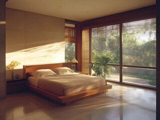 A contemporary bedroom with a king-sized platform bed, minimalist furnishings, and soft natural lighting