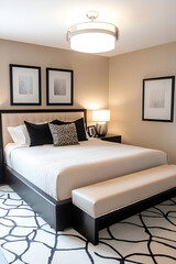 A contemporary bedroom with a king-sized bed, soft beige tones, and chic black accents