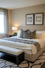 A contemporary bedroom with a king-sized bed, soft beige tones, and chic black accents