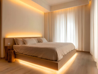 A contemporary bedroom with a king-sized platform bed, minimalist furnishings, and soft natural lighting