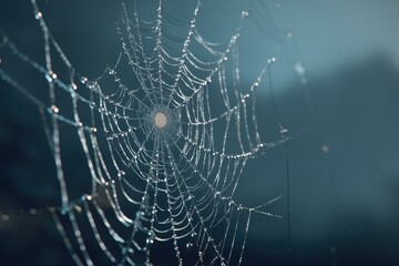Close-up of a spiderweb covered with glistening dewdrops against dark background, capturing the intricate patterns and delicate beauty of nature's craftsmanship.