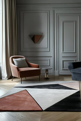 A contemporary bedroom with a large geometric rug, soft gray walls, and stylish furnishings