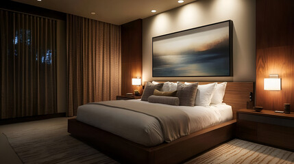 A contemporary bedroom with a large art piece on the wall, soft lighting, and a modern bed frame