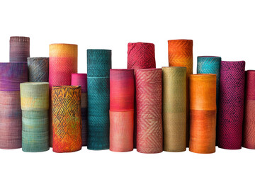 Collection of colorful rolled fabrics isolated on transparent background