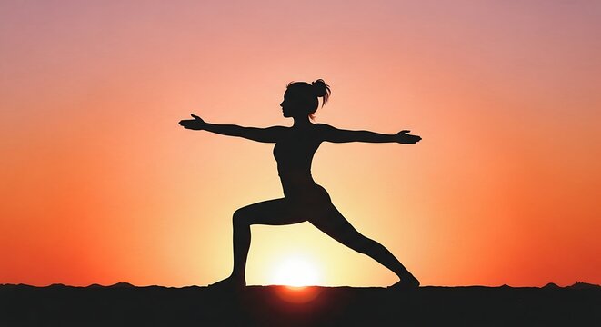 Silhouette Yoga: Woman Doing Warrior II Pose at Sunset, Vibrant Sky, Serene Mood, Health & Wellness Imagery. - Powered by Adobe