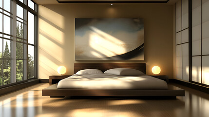 A contemporary bedroom with a large art piece on the wall, soft lighting, and a modern bed frame