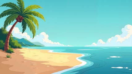 Summer beach vacation illustration, exotic sandy island with palm trees and sea, travel and tourism banner
