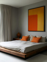 A contemporary bedroom with a low-profile platform bed, colorful art pieces, and minimalist furniture