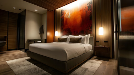 A contemporary bedroom with a large art piece on the wall, soft lighting, and a modern bed frame