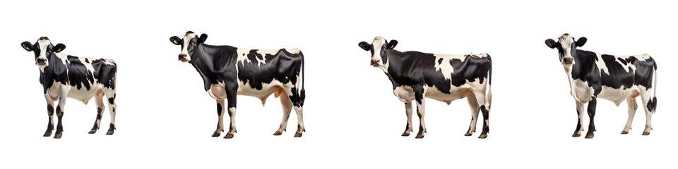 A collection of black and white cows standing, isolated on a transparent background