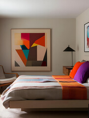 A contemporary bedroom with a low-profile platform bed, colorful art pieces, and minimalist furniture