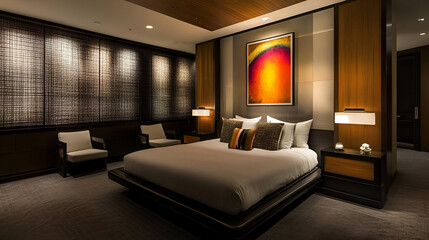 A contemporary bedroom with a large art piece on the wall, soft lighting, and a modern bed frame