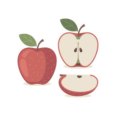 Red Apple Fruit Vector Illustration,Whole and Sliced Apple Clipart,Fresh Apple with Leaf Flat Design,Apple Cut in Half Vector Drawing,Juicy Red Apple Fruit Collection,Healthy Apple Food Icon Set