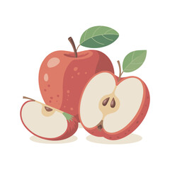 Red Apple Fruit Vector Illustration,Whole and Sliced Apple Clipart,Fresh Apple with Leaf Flat Design,Apple Cut in Half Vector Drawing,Juicy Red Apple Fruit Collection,Healthy Apple Food Icon Set