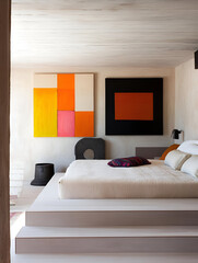 A contemporary bedroom with a low-profile platform bed, colorful art pieces, and minimalist furniture