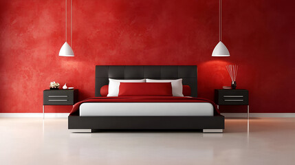A contemporary bedroom with a minimalistic bed frame, bold accents, and sleek wall dcor