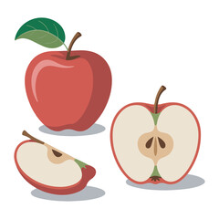 Red Apple Fruit Vector Illustration,Whole and Sliced Apple Clipart,Fresh Apple with Leaf Flat Design,Apple Cut in Half Vector Drawing,Juicy Red Apple Fruit Collection,Healthy Apple Food Icon Set