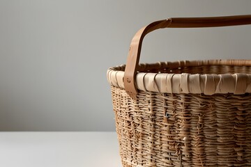 Textured Woven Basket with Leather Handle for Home Storage
