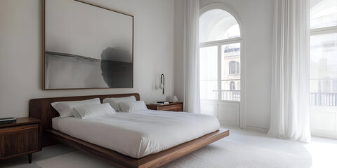 A contemporary bedroom with a minimalist bed, white walls, and oversized art on the wall