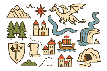 Obraz premium Vector illustrations of medieval fantasy cartography include various map elements and line art symbols