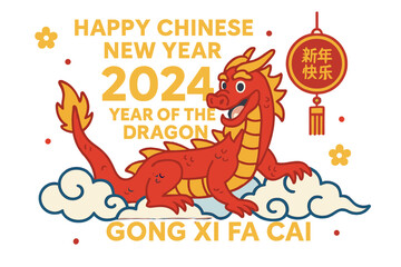 The year 2024 marks the Chinese New Year of the Dragon on Cloud Zodiac, accompanied by the traditional greeting Gong Xi Fa Cai, as depicted in a stunning vector illustration background that wishes