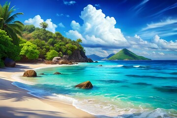 Stunning Tropical Beach Scene Azure Waters, White Sand, Lush Greenery
