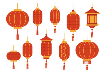 A set of traditional Chinese lanterns and Japanese red lamps for the Asian new year festival in 3d Chinatown with realistic vector elements