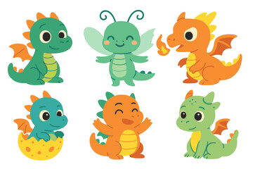 Obraz premium The set includes cute fairy dragonflies, cartoon dragons, and baby dragons or dinosaurs, all depicted as isolated vector characters, with fairytale monsters also featured
