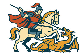 Saint George is depicted on horseback slaying a dragon in this vector illustration