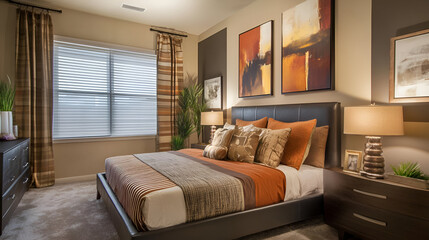A contemporary bedroom with a statement bed frame, bold art pieces, and soft neutral lighting