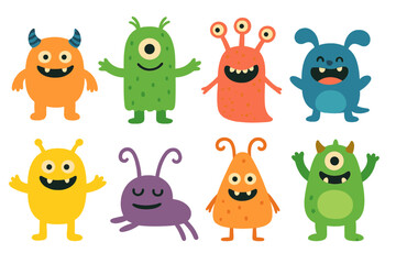 Obraz premium A compilation of amusing aliens and monsters, paired with a bunch of charming fairytale and fantasy creatures, depicted as colorful cartoon characters isolated on a white backdrop in a lively