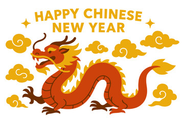 A gold and red Chinese New Year card with a dragon and clouds can be edited as a vector illustration for various applications including websites, invitations, postcards, and stickers