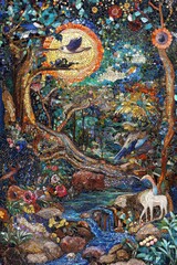 Fototapeta premium mosaic depicting the creation story, with Adam and Eve in the Garden of Eden surrounded by lush vegetation and animals