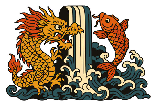 The tattoo style vector illustration depicts a golden dragon and koi carp fish attempting to ascend to the top of the waterfall, rooted in ancient Chinese and Japanese mythology