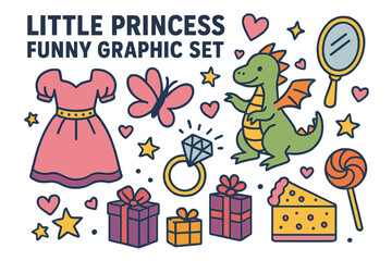 Fototapeta premium The little princess funny graphic set includes various isolated elements like a dress for girls, a butterfly, a mirror, sweets, gifts, a diamond ring, a dragon, hearts, and stars, set against a white