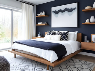 A contemporary bedroom with a statement wall of dark navy, floating shelves, and geometric dcor accents