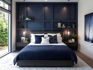 A contemporary bedroom with a statement wall of dark navy, floating shelves, and geometric dcor accents