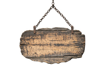 Rustic wooden sign hanging on chains isolated on transparent background