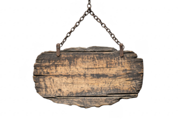 Rustic wooden sign hanging on chains isolated on transparent background