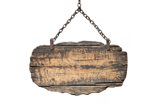 Rustic wooden sign hanging on chains isolated on transparent background