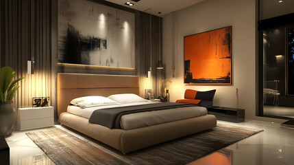 A contemporary bedroom with a statement bed frame, bold art pieces, and soft neutral lighting