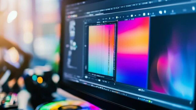 Video editing process with vibrant color grading on monitor screen in studio