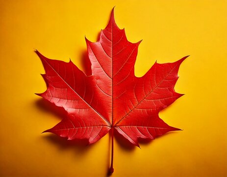 Red maple leaf on bright yellow background close-up