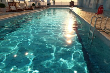 Obraz premium A serene rooftop swimming pool on a sunny day, crystal clear water reflecting sunlight and creating sparkling patterns with poolside furniture and loungers.