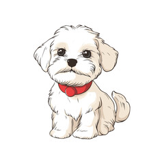 Adorable Maltese Puppy: A charming illustration of a fluffy white Maltese puppy wearing a red collar, sitting and looking directly at the camera with big expressive eyes.